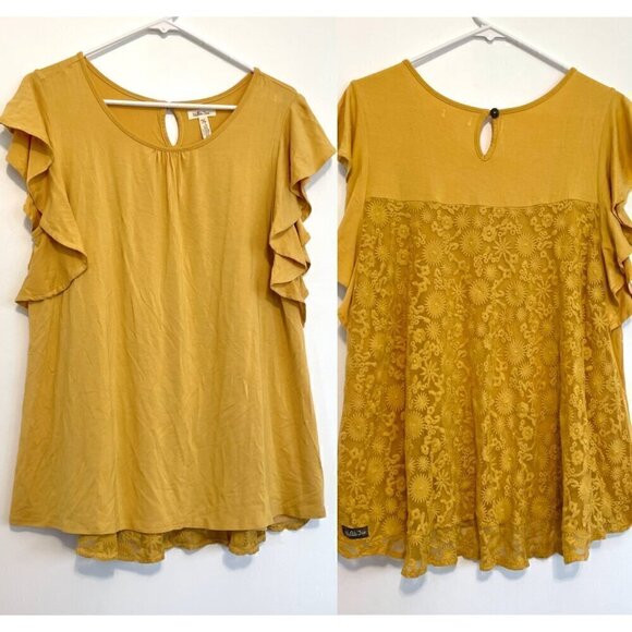 MATILDA JANE Bocce Ball Lace Accent Top Mustard Yellow Lace Back Short Sleeve M - Picture 2 of 16